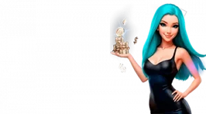 Изображение женского персонажа, держащего стопку монет, рекламирующего приветственный бонус в онлайн-казино Leebet в игривом и привлекательном стиле.